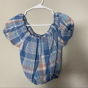 American Eagle Women Blue Plaid Off-The-Shoulder Puff-Sleeve Top